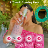 Woman showing rose water bottle and benefits tighten pores, instantly hydrated, smooth and plump skin