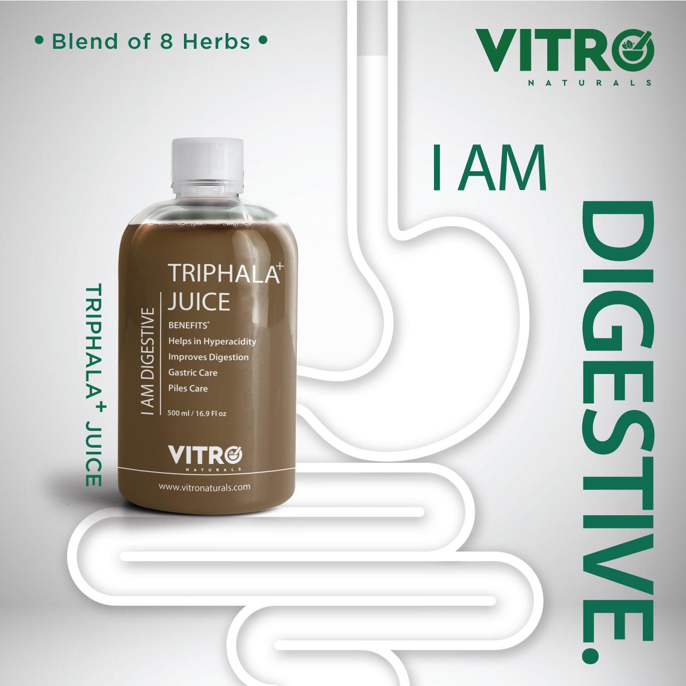Vitro Triphala+ Juice 1L | Enhanced Triphala for Constipation Relief & Digestion | with 8 Herbal Juices Amla, Baheda, Harad, Senna & 5 More Herbs - Vitro Naturals
